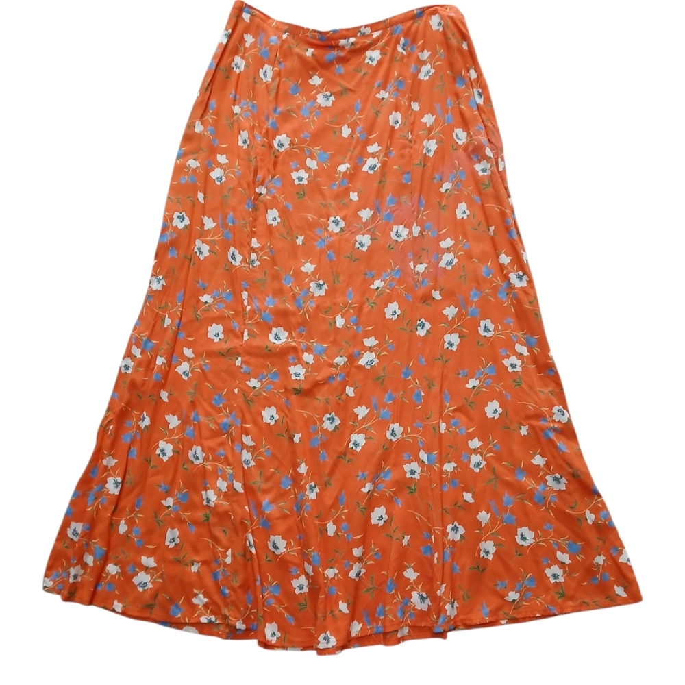 Vintage Stonebridge Orange White And Blue Floral Pattern Full Length Skirt Sz 16
